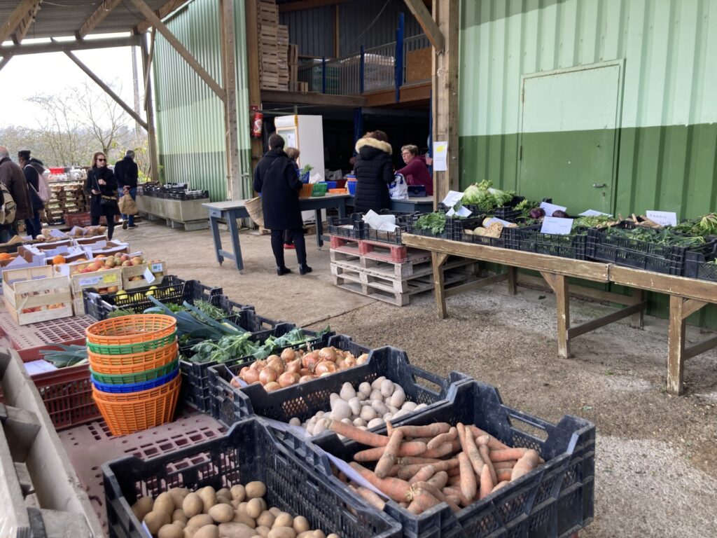 Vue d'un marché de producteurs se tenant sous un auvent dans une ferme