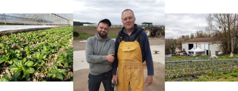 Composition de visuels de champs et d'un portrait de deux agriculteurs posant face caméra